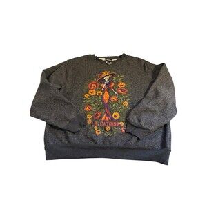 Hasta Siempre Women's Sweater S Small Gray Fleece Lining "La Catrina" Halloween